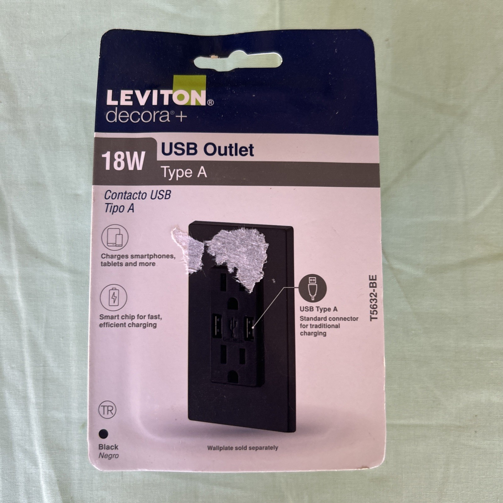 Leviton 3.6A USB Dual Type A Charger 15A Tamper-Resistant Outlets Black T5632-BE