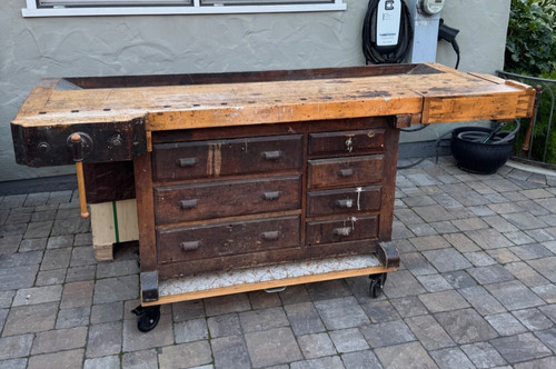 Vintage Carpenters workbench with two vises and 7 drawers: collectible eastlake
