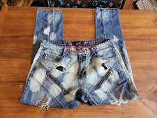 Chapel & Greed 38x33 Mens Blue Distressed Denim Jeans Zip Bleach 