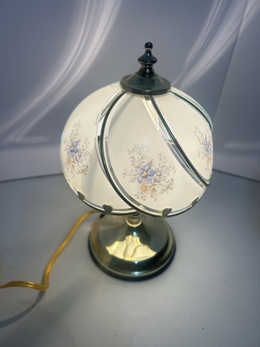 Vintage Glass Panel Touch Lamp Floral Portable Night Stand Desk 11” Gold Tone - Picture 3 of 4