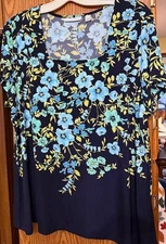 #2504 Susan Graver Printed Liquid Knit Square-Neck Cap-Sleeve Top Size XL