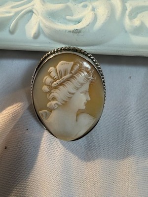 Vintage Sterling Silver & Shell Cameo Brooch Pendant With WBS Marking