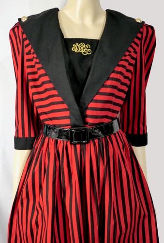 Vintage 80s Etoile Red Black Striped Emblem A Line Cotton Sailor Dress M - Picture 2 of 7