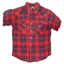Vintage Wrangler Kids Red Plaid Western Pearl Snap Short Sleeve Flannel Shirt