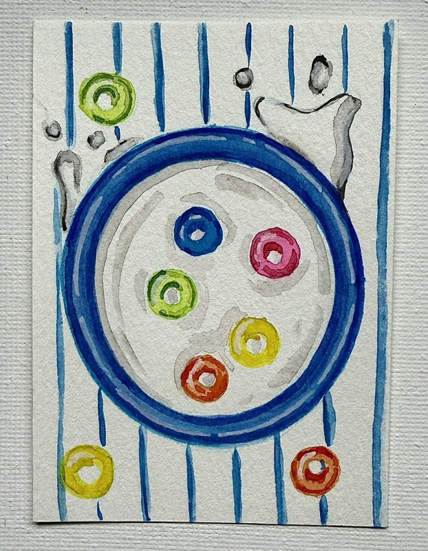 ACEO Original Cereal And Milk Watercolor Mini Painting By Liz Benavides