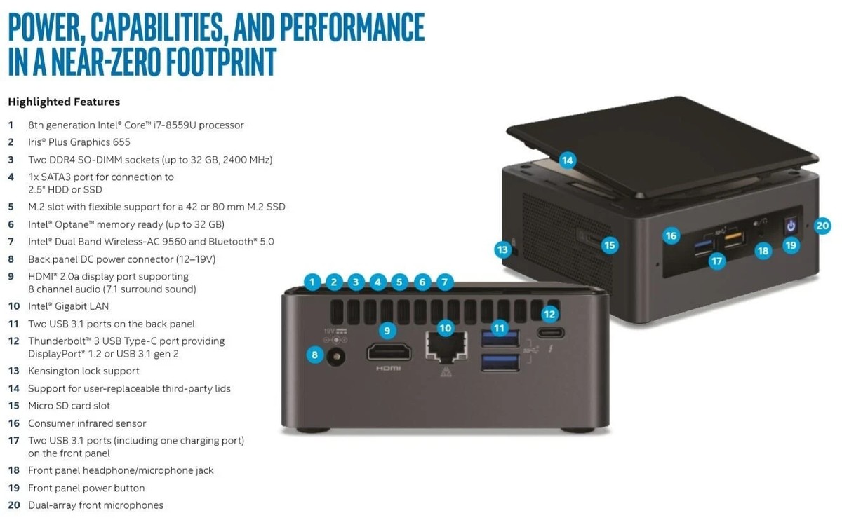 ミニPC Intel NUC8BEK i5-8259U 16GB 512GB SSD Mini PC Windows 11 Intel Core i9 8950HK 16GB DDR4 512GB 1TB
