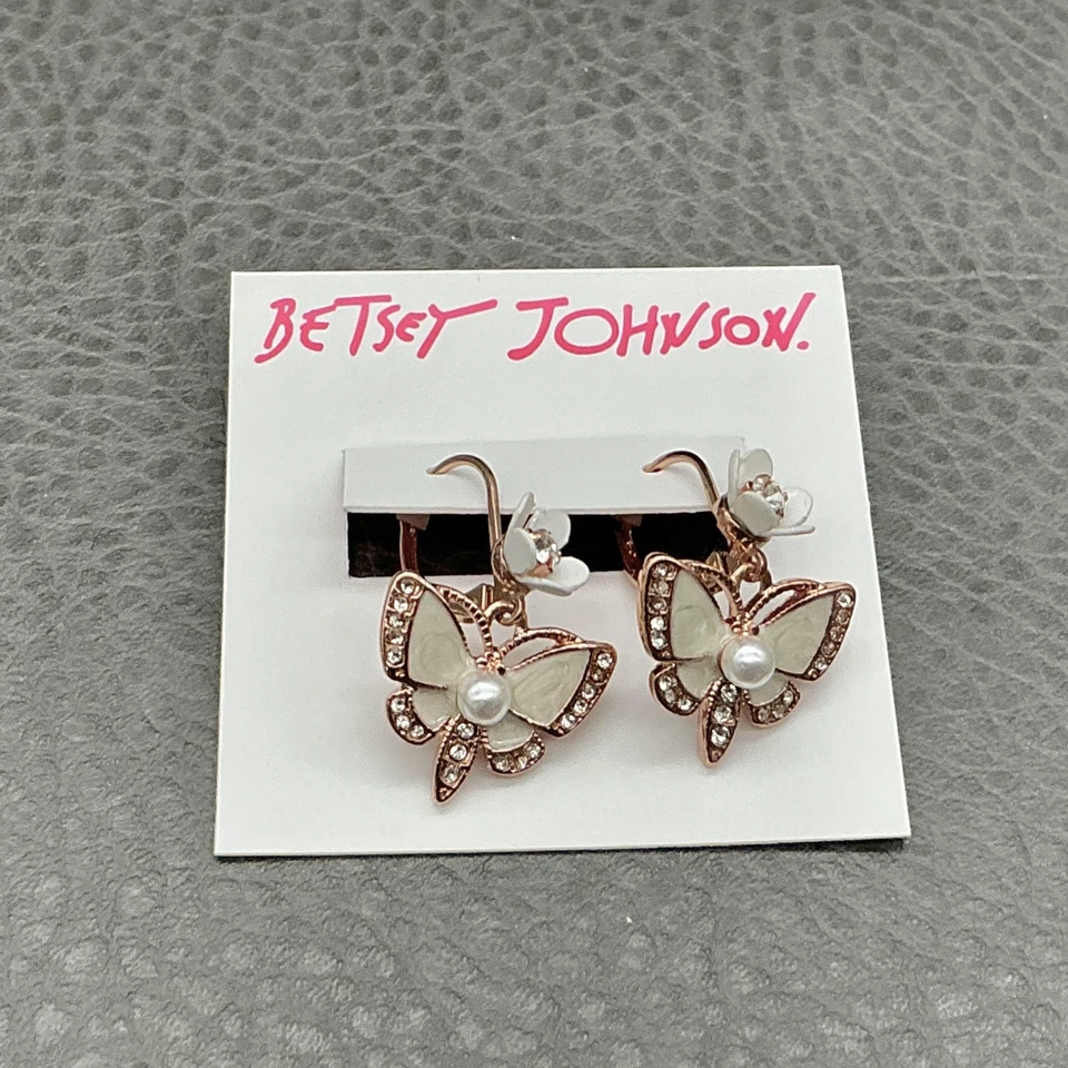 Pendientes colgantes Betsey Johnson mariposa tono oro rosa perlas cristal flores Foto 2 de 4
