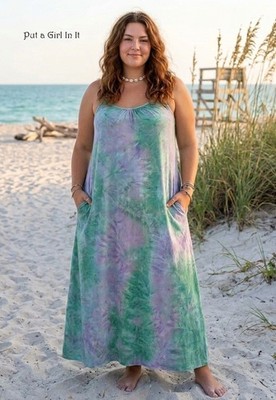 PLUS SIZE Womens GREEN TIE DYE ADJUSTABLE SLEEVELESS MAXI DRESS POCKETS 1X  2X 3X