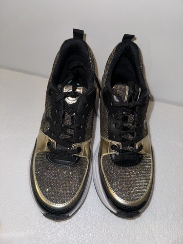 NEW MICHAEL KORS WOMEN SHOES TRAINERS 71/2 MICKEY WEDGE BLACK,GOLD ❤️❤️❤️ - Picture 1 of 6