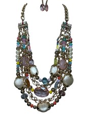 Five Layers Multi color And Cream Bead Gold Tone Link Necklace Earring Set