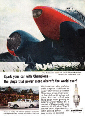 1961 Champion Spark Plugs: Beechcraft Super 18, Spark Your Car Vintage Print Ad