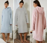 Womens Ladies Pullover Dressing Gown Hooded Snuggly Luxury Thermal Fluffy Cozy