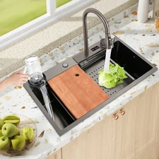 Rectangular Sink Stainless Sink Digital Display Kitchen Sink w/ Pull-Out Faucet