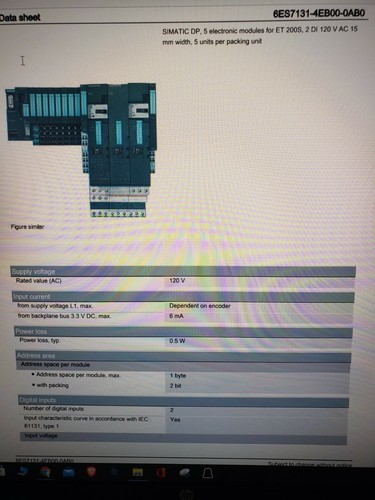 Siemens SIMATIC DP, 6ES71314EB000AB0 ET 200S, 2 DI 120 V AC 15 mm width, 5 units - Picture 2 of 4