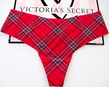 VICTORIA'S SECRET PINK No Show Thong Panty VS Red Plaid S M SMALL MEDIUM NWT