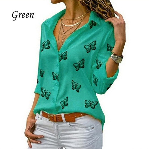 Women Butterfly Print Long Sleeve T-Shirt Turn-Down Collar Shirt Blouses Tops - Picture 61 of 69