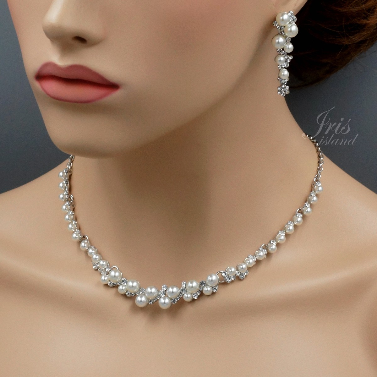 Women Pearl Clear Crystal Necklace Earrings Wedding Jewelry Set 6825 Silver  Tone