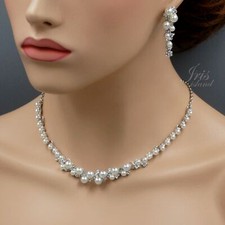 Women Pearl Clear Crystal Necklace Earrings Wedding Jewelry Set 6825 Silver Tone
