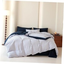 Blue Pinstripe Duvet Cover 100 Washed Cotton 3 Pieces Set Queen Blue Striped
