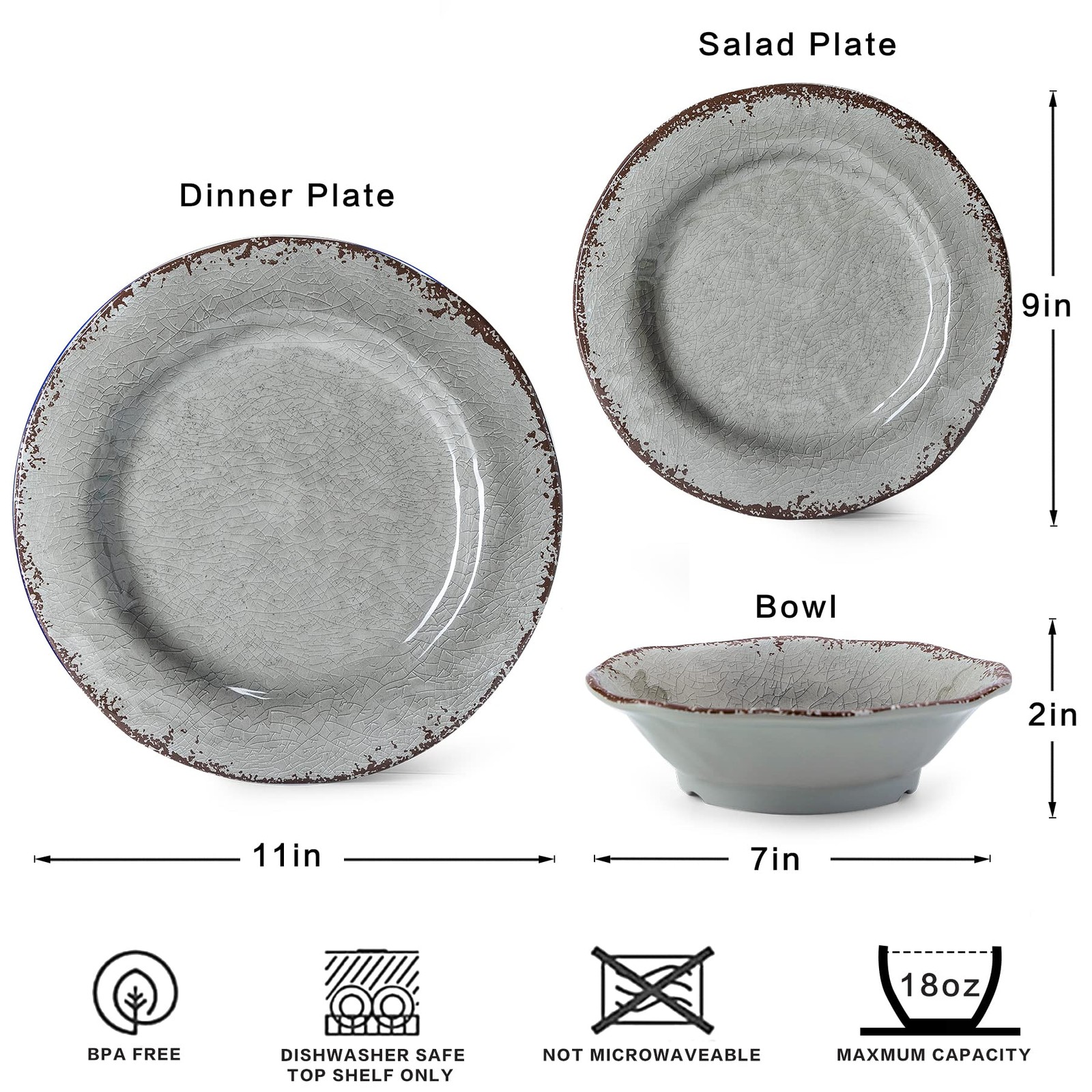 Farmhouse Melamine Dishes Dinnerware Set, 12 Piece Rustic Plates and Bowls