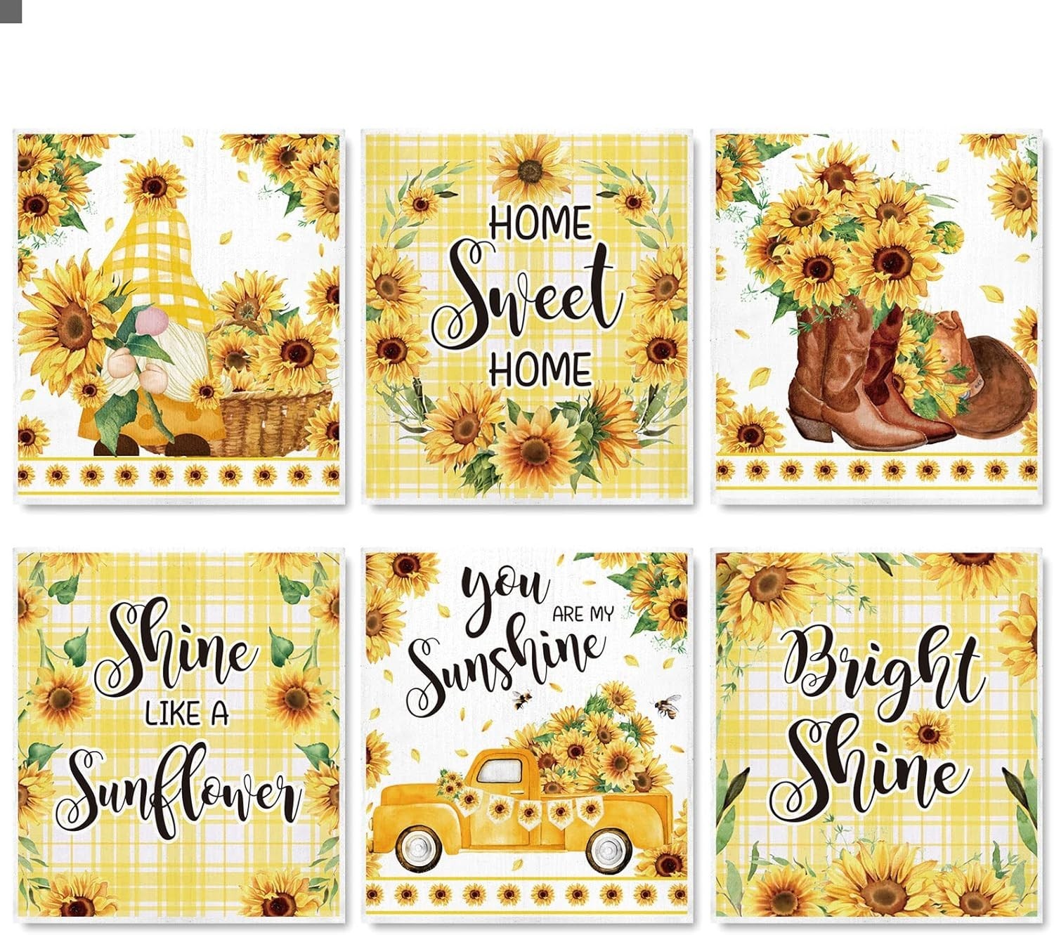 6Pcs Sunflower Swedish Kitchen Dishcloths Yellow Flower Gnome Truck Dish Towel