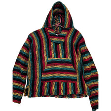 Vintage Baja Joe Multi Color Striped Mexican Poncho Hoodie Size Small
