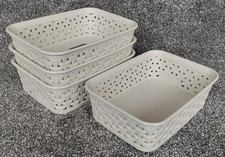 4 A6 Cream Rattan Effect Storage Basket Tray Curver Small Desk Tidy Office Craft