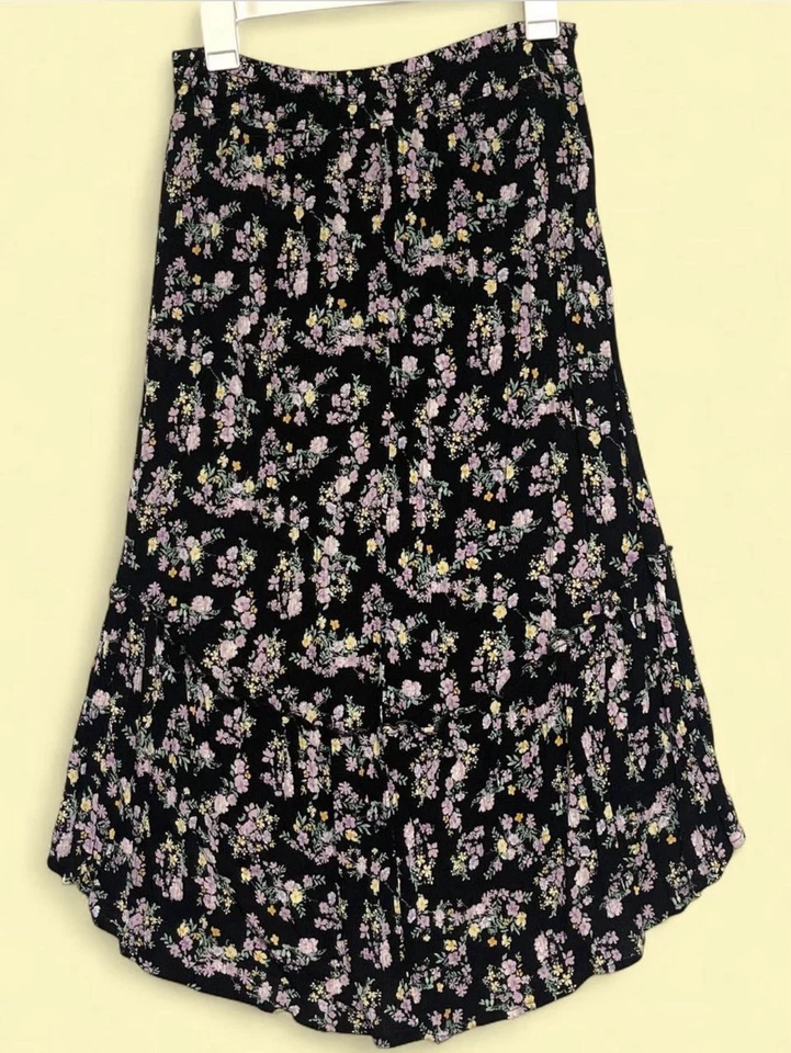Falda Midi Hippie Rosa Floral Hada Negra Alta-Baja Talla Grande, Boho Caprichoso Foto 2 de 4