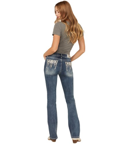 Grace In La Women's Medium Wash Mid Rise Feather Pocket Bootcut Stretch Denim -
