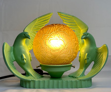 1930s Art Deco Green Spelter Bird Lamp Amber Brain Shade Frankart Bakelite 