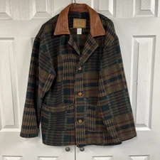 Vintage B Free Wool Plaid Coat Ranch Barn Jacket Leather Trim Made in USA ,Small