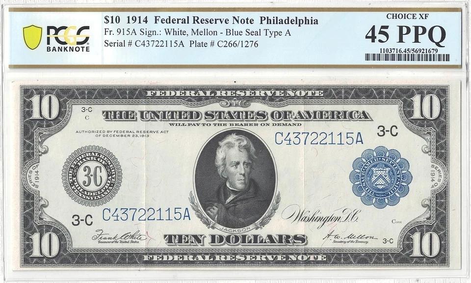 1914 $10 Federal Reserve Note Fr-915a PCGS XF-45 PPQ - Image 2 of 3