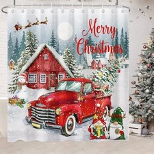 Christmas Shower Curtain Merry Christmas Red Vintage Truck Gnome Bathroom