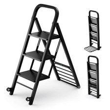 2 in 1 Hand Truck & Ladder Combo Metal 3-Step Ladder w/ Rubber Wheels, Handle
