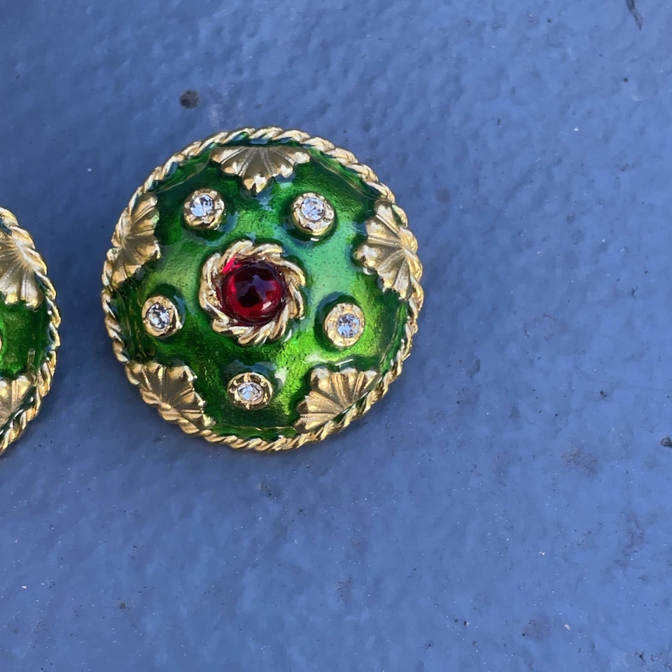 Hermosos Pendientes Vintage Bijoux Yosca Esmalte Verde Tono Dorado Clip En RARO Foto 4 de 4