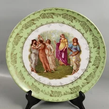 Antique Victoria Carlsbad Austria Classical Maidens Green Gold Porcelain Plate