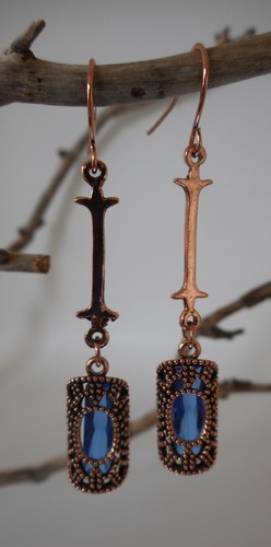 New blue drop earrings Art deco rose gold oblong pierced - Picture 2 of 2