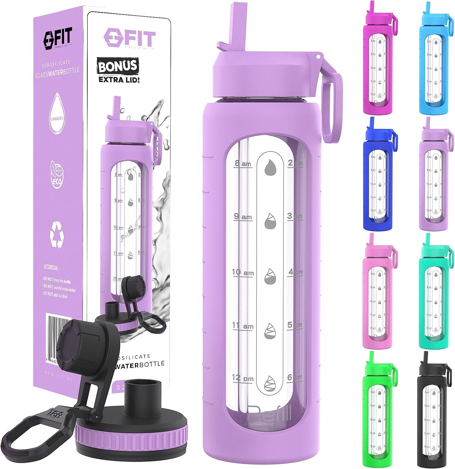 32 Oz Glass Water Bottle with Time Marker & Silicone Sleeve - W/Handle & 2 Leakp