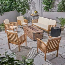 Beckley Outdoor 5 Piece Acacia Wood Conversational Set with Cushions and Fire Pi