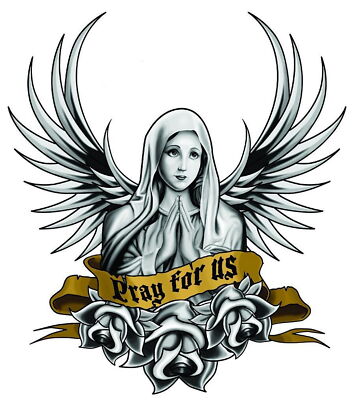 Aufkleber Bete für uns 16 x 14,5 cm Pray for us Sticker Decal Flügel Rosen Kunst