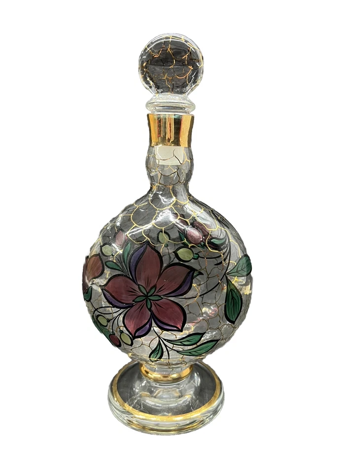 Art Nouveau Blown Glass Aperitif Decanter Hand Painted Enamel Flowers Gold - Image 2 of 4
