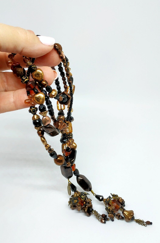 Lovely Long Necklace By Michal Negrin With Shades Of Brown And Black Crystals. - Picture 13 of 17