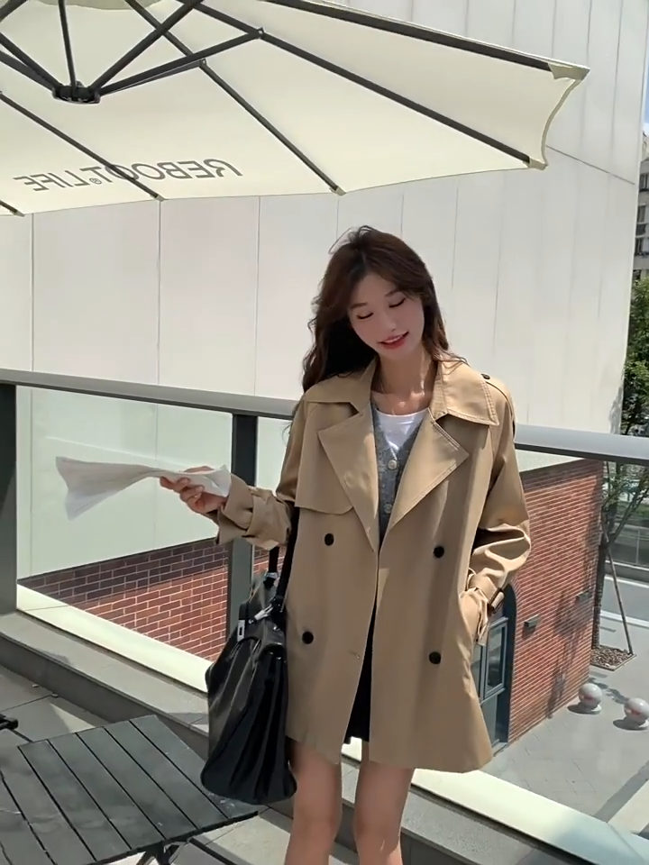 Women Short Trench Coat Khaki Double Breasted Jacket Waist Strap