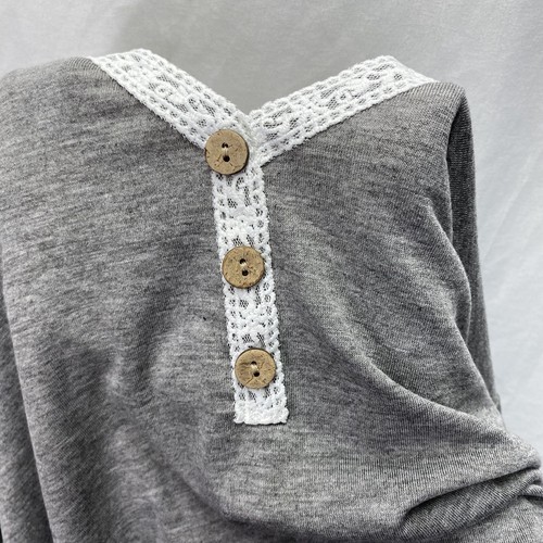 IVVIC Lace Trim 3 Button Down V-Neck Shirt Women M Gray Short Cap Sleeves - Picture 9 of 17