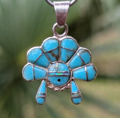 Southwestern Sterling Silver Inlay Turquoise, Fire Opal Sun God Pendant NEW!