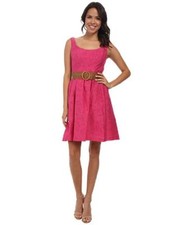 NEW NINE WEST PINK COTTON FLARE BELTED FIT AND FLARE DRESS SIZE 14