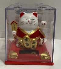 Solar Powered  Maneki Neko Welcoming Lucky Hands Waving Fortune Cat In Red 3.25”
