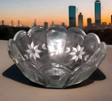 Scalloped Edge Crystal Bowl Etched Floral Design 8.5"D x 3.5"H   Vintage