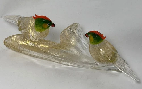 Vintage Italian Murano Art Glass Birds on a Branch Figurine w/ Gold Flecks