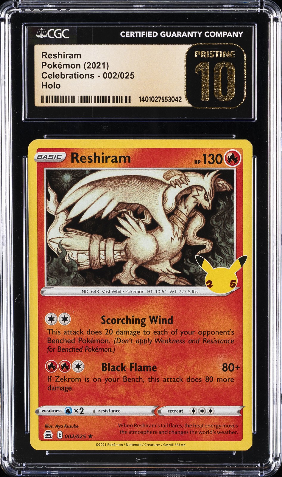 2021 POKEMON CELEBRATIONS HOLO #002/025 RESHIRAM CGC 10 PRISTINE
